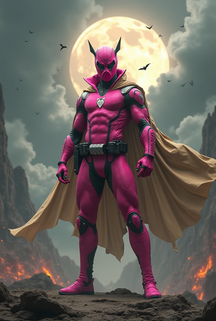 high-tech suit, vivid effects, malaysian superhero (KELUANG MAN) in a striking pink and beige costume cyberpunk design, mask small mini bat ear beige, daredevil biage mask, jumpsuit dark pink stands confidently in a dramatic, stormy landscape. ((Head covered node guard like batman , athletic body type, small mini ear bat mask))The character wears domino mask a helmet with pointed mini torn ears and a flowing cape biege, open nose and mouth. Equipped with visible futuristic weapons on a belt,bullet proof jacket pink dark day, dark night, big supermoon effect .logo on chest triangle shape small punisher logo center triangle cyber logo center on chest pink logo mini logo . rocky. Building top.smoke ground , bomb effect background, adding to --ar 3:4 --style raw --stylize 500 --v 6.1. chaos. Lot of small flying bat .