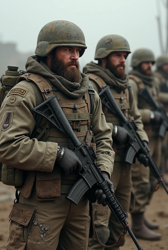 (masutepiece:1.1), top-quality, (Ultra-detailed:1.1), Too vivid depiction, hight resolution, Approach to the atmosphere, Representation of light and shadow, Sepia-toned group photo of several young men from the Ground Self-Defense Force, All are wearing helmets and camouflage combat suits. Bearded young soldier standing in the middle、Wearing a helmet diagonally and smiling. Snow and powder snow, Behind the members is a collapsed building, And the overall atmosphere is nostalgic. All members pose relaxed. Members are Caucasian, etc.々It's sir-like々It is made up of a number of races, Black, and yellow. After the battle、All members are covered in mud.