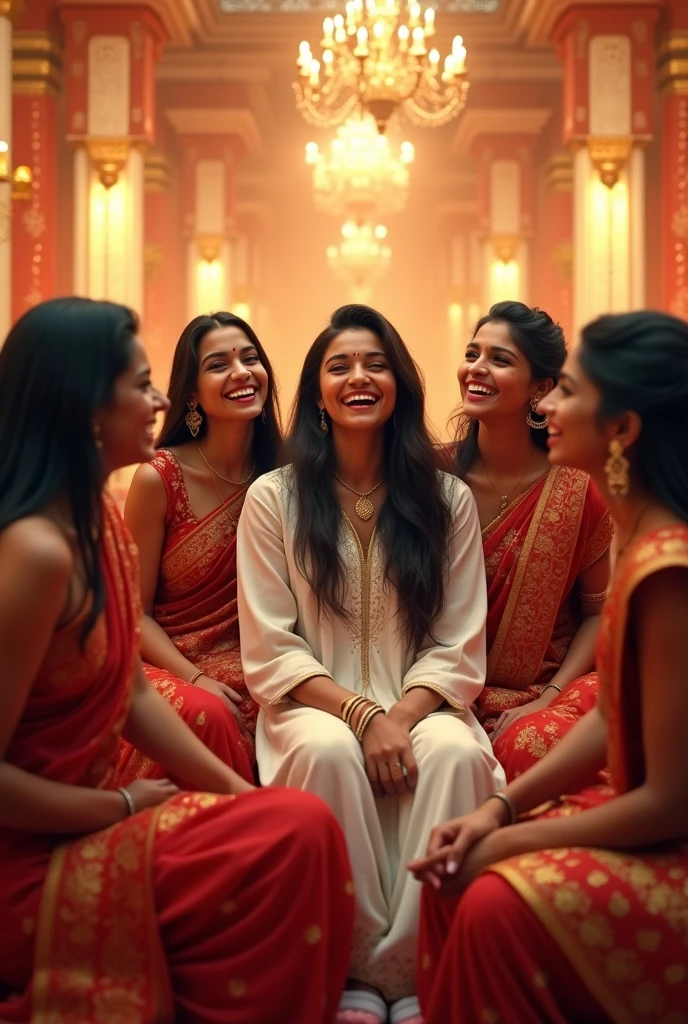 Mia khalifa face kartina kaif lips deepika height sai pallavi hair wearing white kurti and plack pajama sendle with 5 beautyfull cousin sister sitting in marriage hall all laud laughing