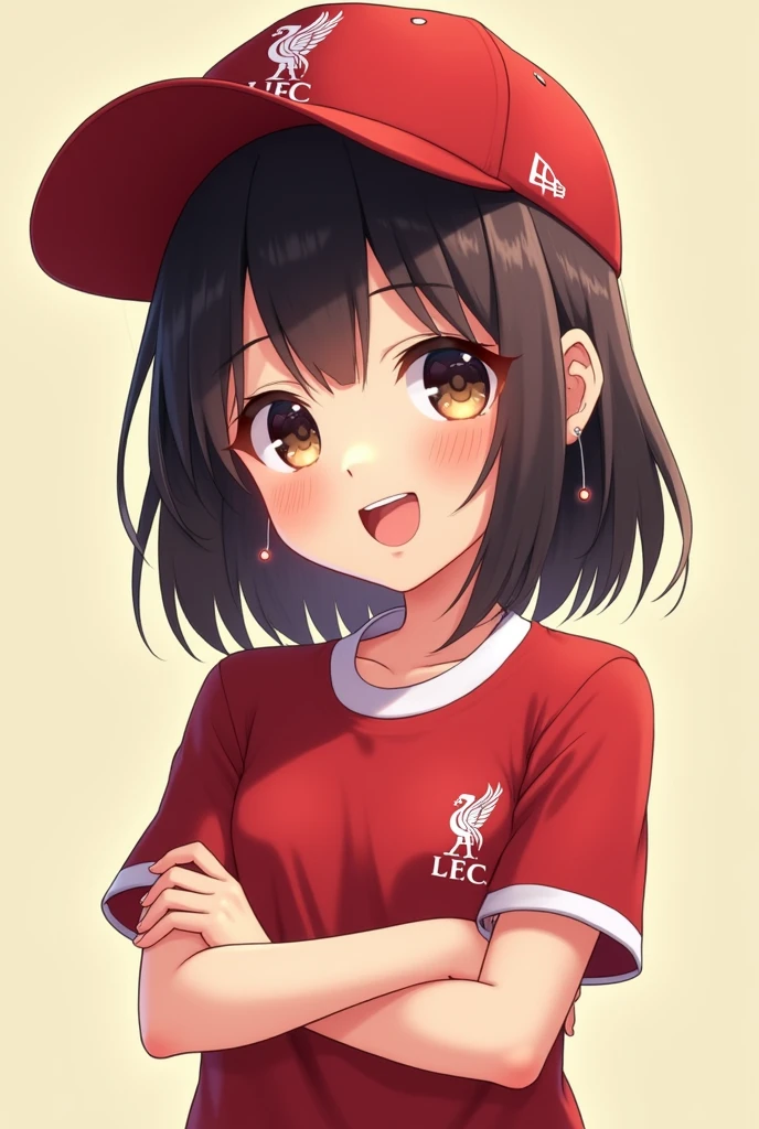 cute anime girl, 1girl, child, young, smiling, wide smile, wide-mouthed, liverpool cap, liverpool shirt, standing, arms crossed, cold expression, masterpiece, 8k, ultra-detailed, realistic, photorealistic, highly detailed, vibrant colors, soft lighting, sharp focus