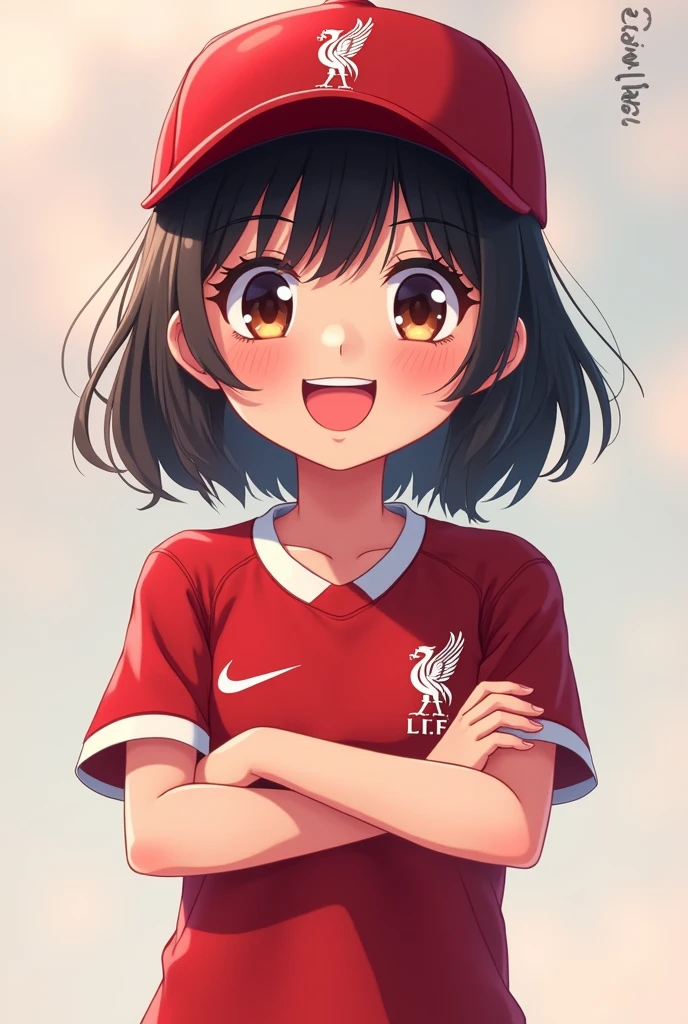 cute anime girl, 1girl, child, young, smiling, wide smile, wide-mouthed, liverpool cap, liverpool shirt, standing, arms crossed, cold expression, masterpiece, 8k, ultra-detailed, realistic, photorealistic, highly detailed, vibrant colors, soft lighting, sharp focus