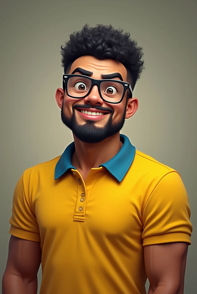 -up, a little robust, naughty man, Youngh, goatee, short black curly hair, square glasses, round face yellow polo shirt with blue collar