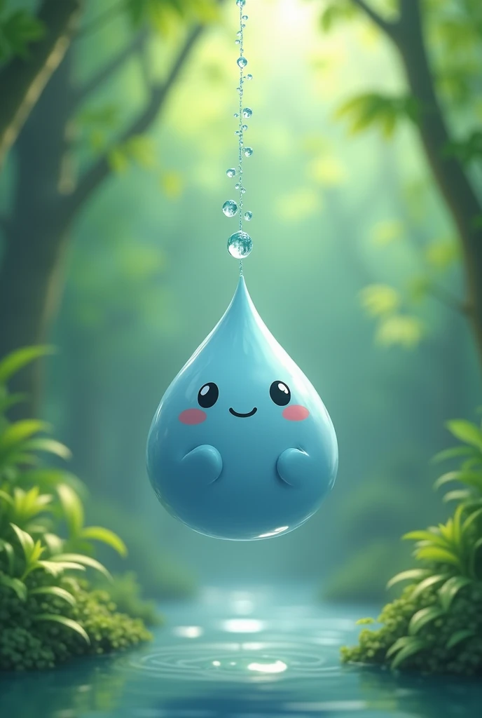 A cute, smiling water droplet creature hangs in mid-air, suspended by a string of smaller droplets, against a backdrop of blurred green foliage, [digital art, whimsical, cartoonish], [reference style: Studio Ghibli], [lighting: soft, diffused, natural light, colors: vibrant green, blue, and white, background: blurred green foliage, rendering: smooth, realistic]