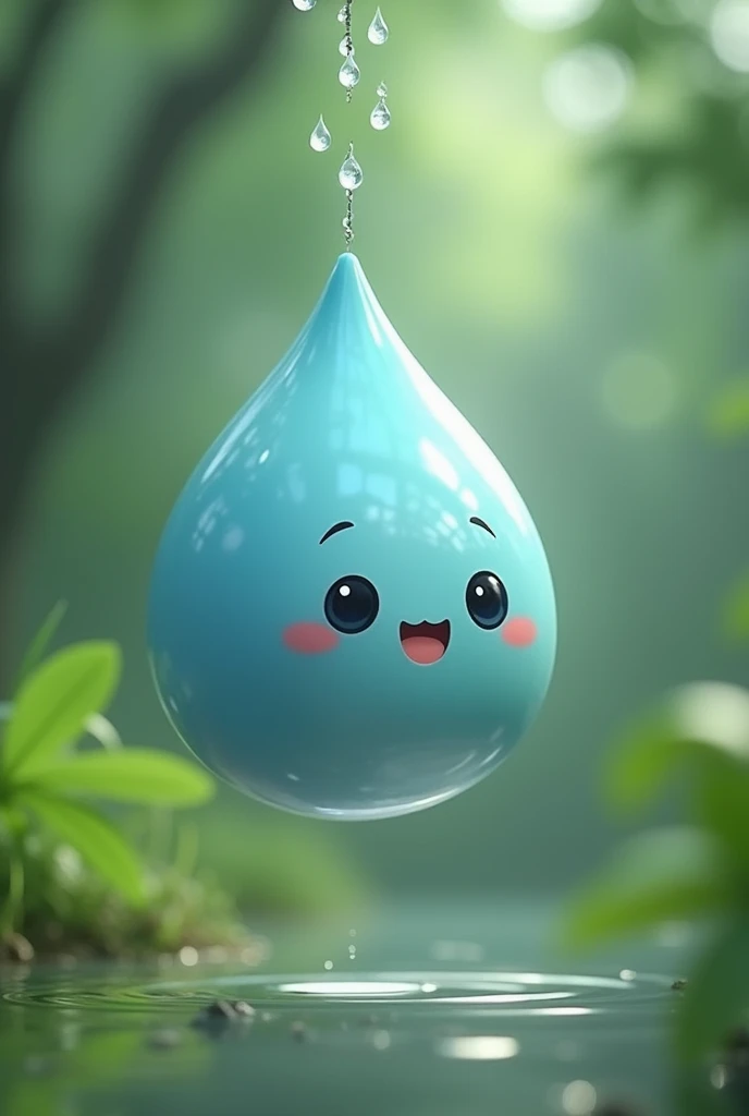 A cute, smiling water droplet creature hangs in mid-air, suspended by a string of smaller droplets, against a backdrop of blurred green foliage, [digital art, whimsical, cartoonish], [reference style: Studio Ghibli], [lighting: soft, diffused, natural light, colors: vibrant green, blue, and white, background: blurred green foliage, rendering: smooth, realistic]