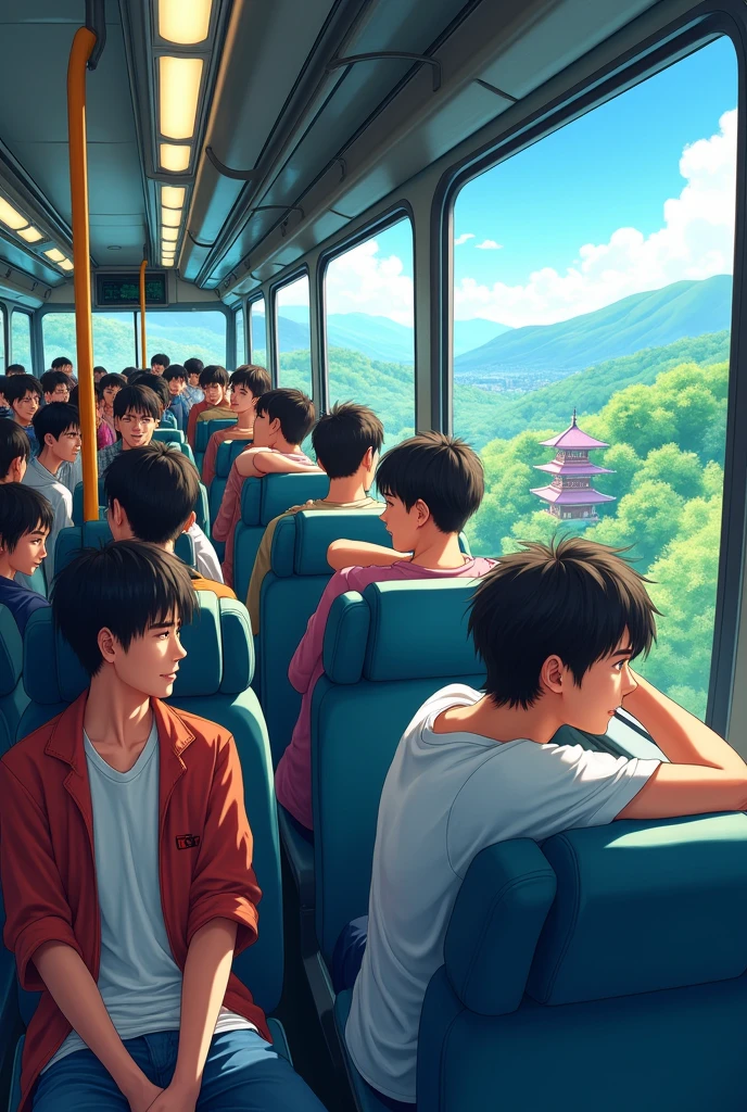 Tourist bus seats many people Japan Bus Boys in their 20s group