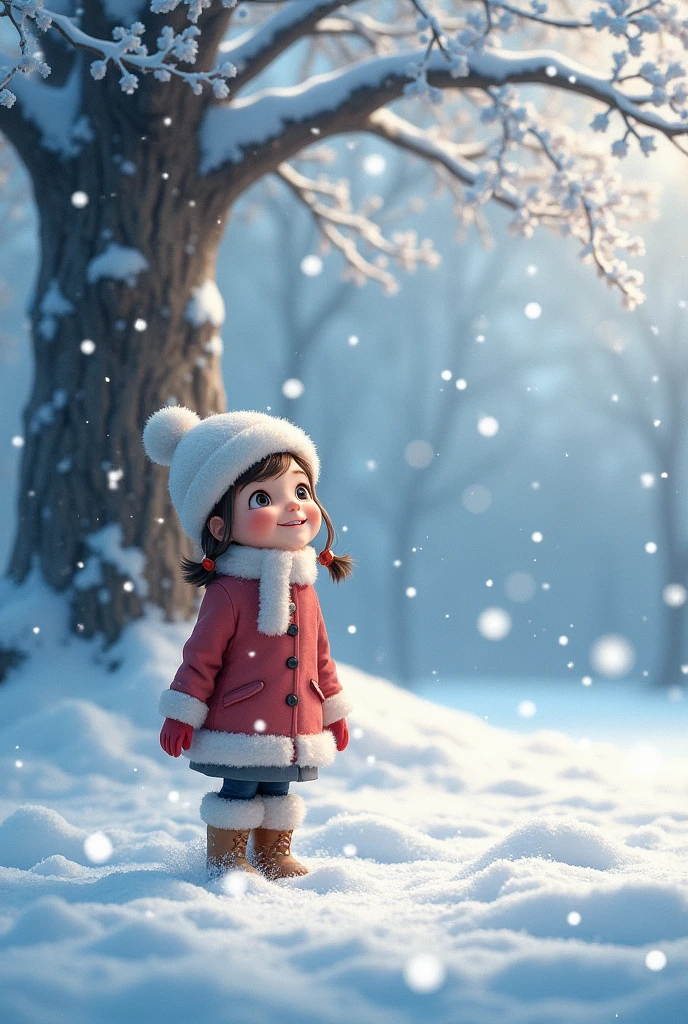 Heavy snow in winter，A girl is laughing happily and looking up at the sky with heavy snow falling， There is a big tree，Covered in heavy snow，The ground is covered with thick snow,high resolution,极high resolution,wallpaper,Adding details,Clarity Enhancement,Detail Enhancement,Ambient Light,Dappled sunlight,Natural light,Mid-shot