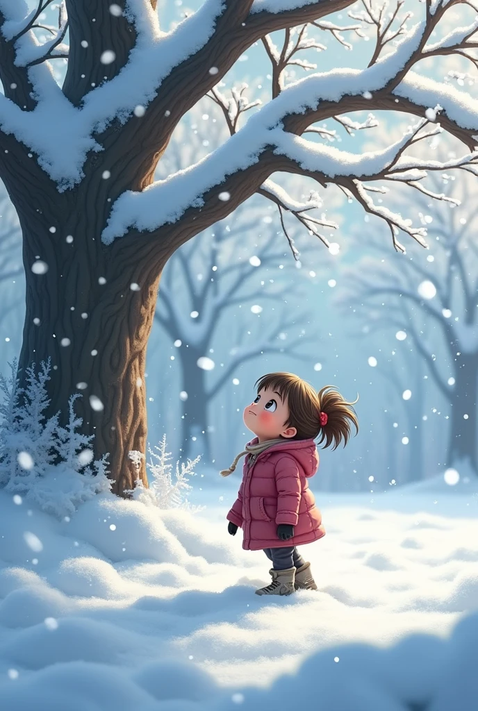 Heavy snow in winter,A girl is laughing happily and looking up at the sky with heavy snow falling, There is a big tree,Covered in heavy snow,The ground is covered with thick snow,high resolution,极high resolution,wallpaper,Adding details,Clarity Enhancement,Detail Enhancement,Ambient Light,Dappled sunlight,Natural light,Mid-shot