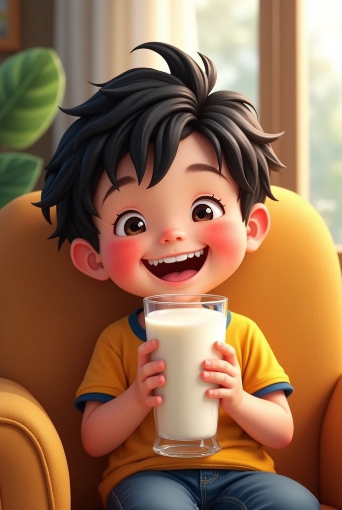 
A  black-haired white boy, with a big smile on his face, holds a glass of milk with both hands. Her cheeks are flushed with happiness and her eyes sparkle with joy.. is sitting in a chair, with a colorful t-shirt and a glass of milk near his mouth. The atmosphere around you is cheerful and welcoming., reflecting the enjoyment of the moment.