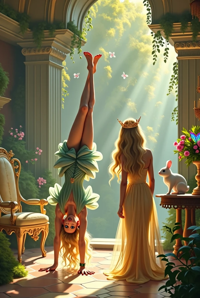 "A full-body shot of a realistic fairytale scene in a magical palace in a beautiful magical forrest bathed in sunlighting. Beautiful pastel colour pallette. A fairy queen 1 with realistic bright blue eyes, golden extra long hair, doing hand stand with a careless expression, wearing a thin blue/green dress, sits in a thin white gold thrown. Her rose-gold delicade fairy-crown, is hanging by the ends of her hair 1:1. A Fairy queen 2 with golden-brown long curly hair in a thin light blue dress is standing by clapping her hands, looking at fairy queen1 with staring thorough detaled blue bright eyes and shocked look with open mouth, perfect shaped pearly white teeth and pursed lips. Singing fairy3 with a long white hair in a sheer golden wet transparent dress outfit, big breasts, thin waist, big butt, looks provocative with her mouth almost sedusive at fairy queen 2 laughing, Elf king is sitting on a royal chair in a elfie chlothes. A white rapid sits in on a decorative dining table1:1, while a rainbow colored bird perches on the top of the thin thrown. The scene includes a messy fairy queens in a beautiful and magical forrest palace. The vast environment paints a magical but weird admosphere. Best hands 1:1, super realistic hair 1:1, hyper realistic eyes 1:1, extra detailed delicate moist skin, most detaled and realistic face 1:1. A realistic stage with thorough details and clear focus on the queens. Perfect feet, hands and arms and legs and toes. Not to many arms or legs.