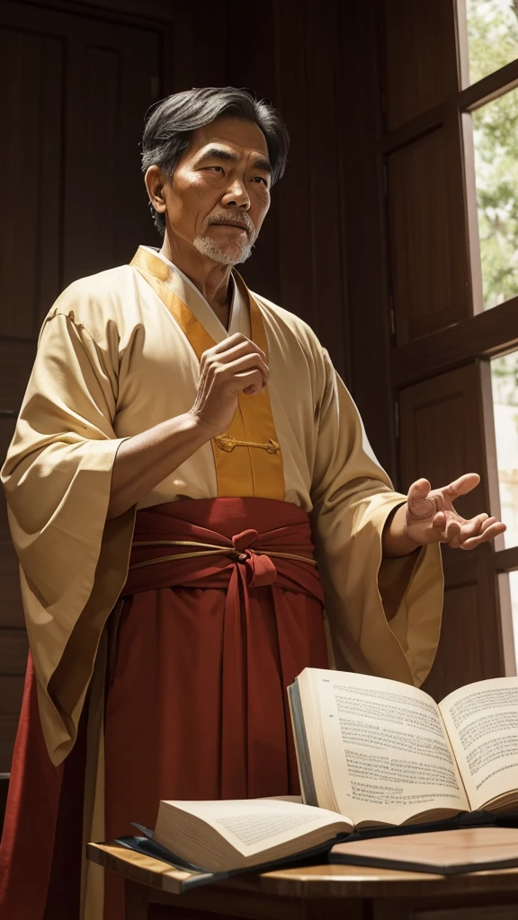 Image of a wise man teaching his student knowledge, profound morality. His face was full of wisdom and kindness., hình ảnh cậu bé thông minh, full of studiousness