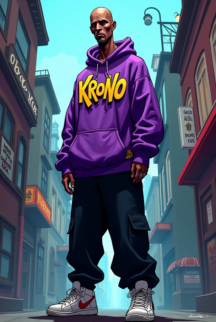 Dark man 1,80 tall, thin, bald, little beard, purple sweatshirt with graffiti-type letters that say Krono, black baggy pants, white sneakers, cartoon
