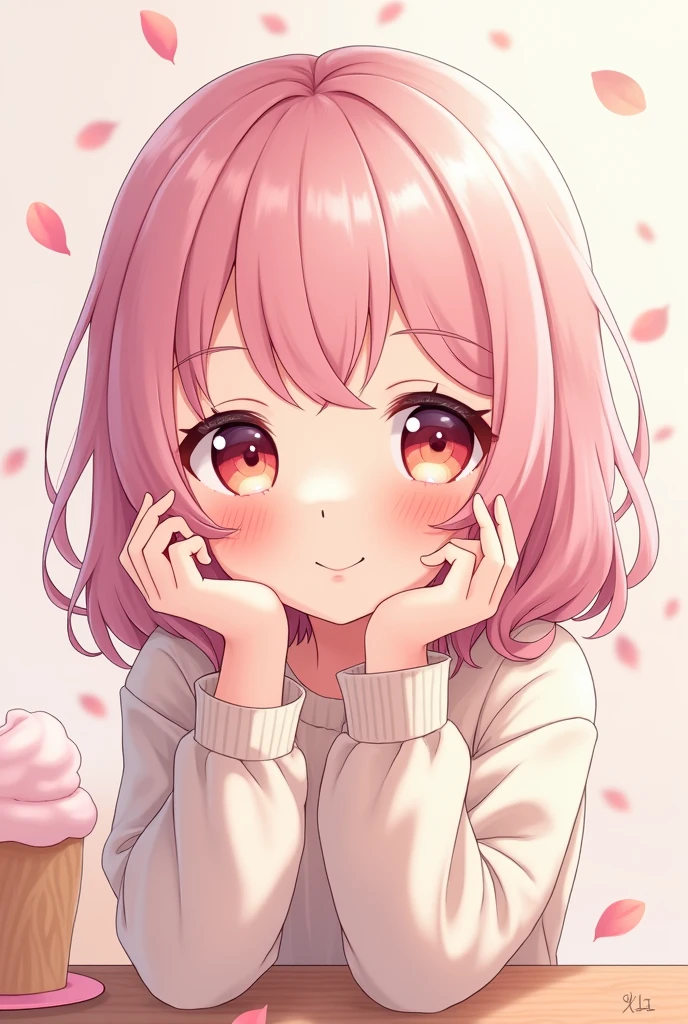 Create a 2d image of a cute anime girl smiling with pastel pink hair doing asmr