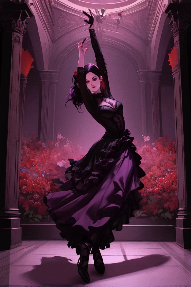 1 goth ballerina dancing in a castle surrounded by red and purple flowers, detailed elegant dress, dramatic dance pose, dark lighting, castle interior, cinematic composition, rich textures, photorealistic, 8k, best quality, masterpiece
