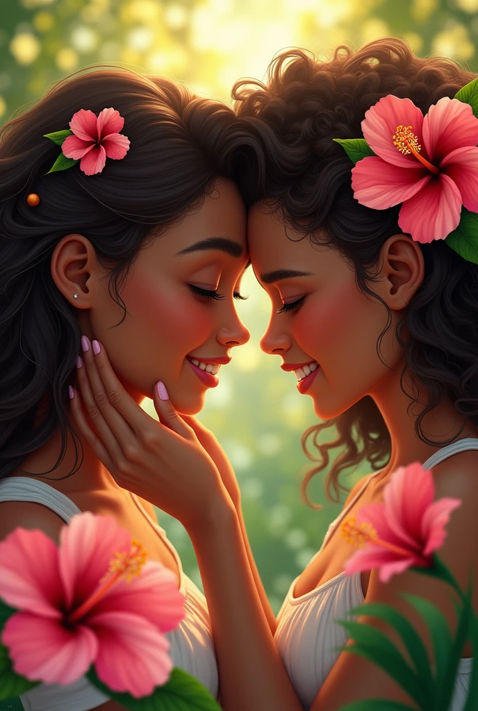a brown skin girl with a hibiscus in her hair putting a hibiscus in her friends hair