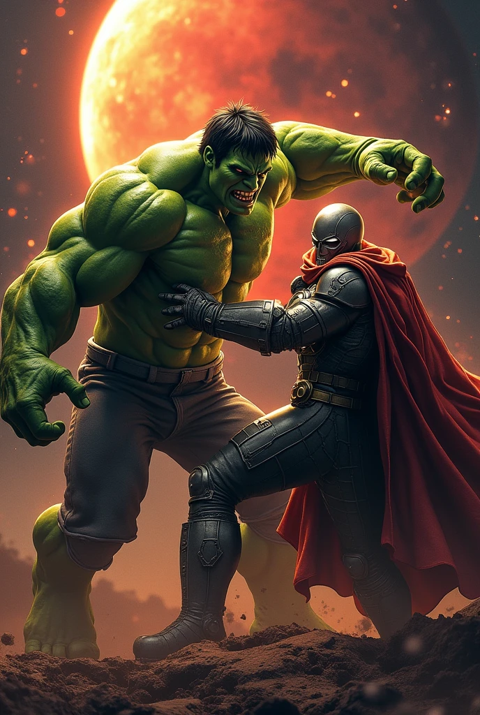Hulk fighting with Dr. Doom in space behind Mars
