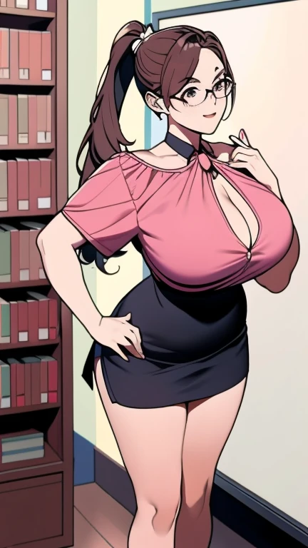 detailed face, girl、low-ponytails、red blush, blouse, blouse, shoulder, arm, side boob, teacher,  Super big breasts、perfect-composition、top-quality、ultra-detailliert、​masterpiece、realisitic、Full Body Standing, glasses, books, front class, white board, cleavage:1.4