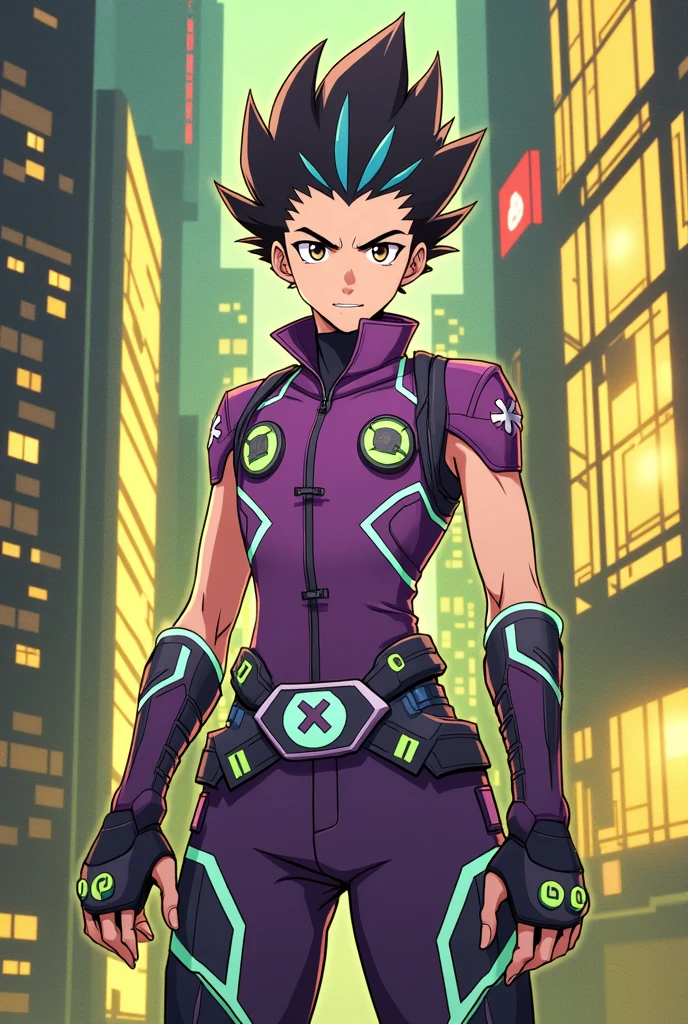 Make an art in the style of this image for the character Gon from Hunter x Hunter in purple colors and green cyberpunk clothes.