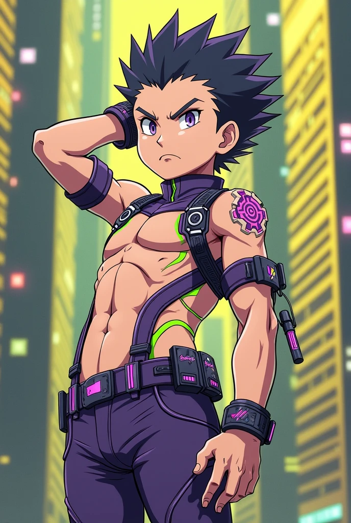 Make an art in the style of this image for the character Gon from Hunter x Hunter in purple colors and green cyberpunk clothes.
