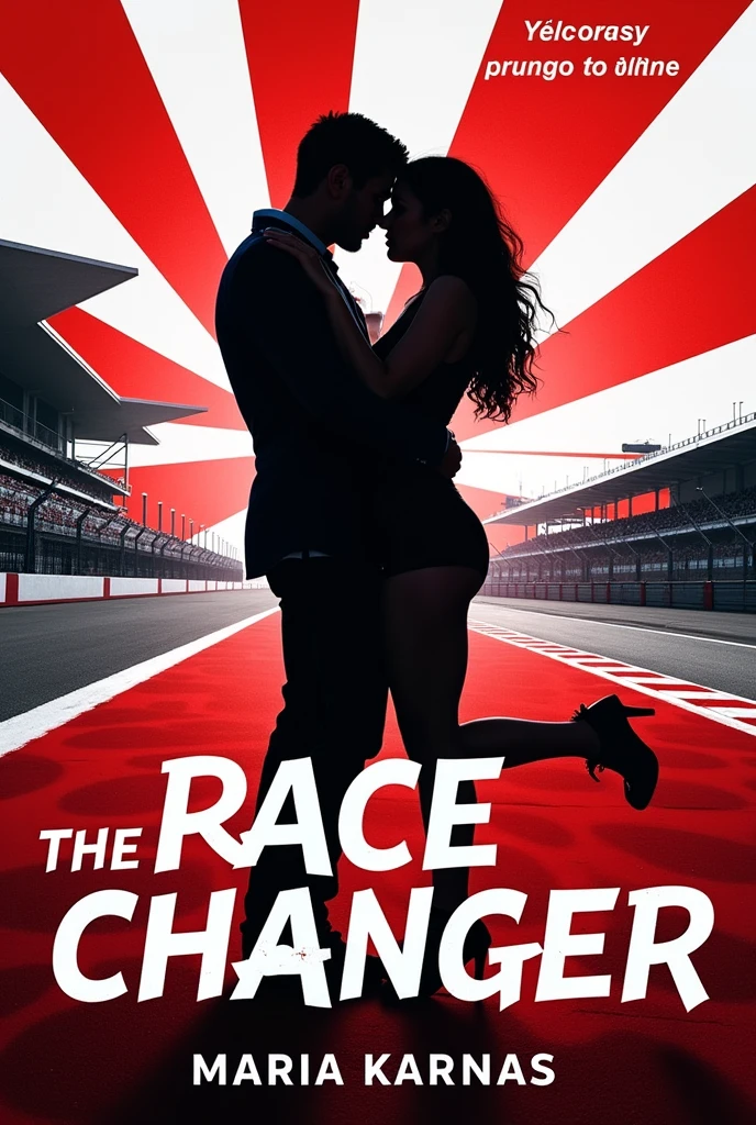 Book cover to romance about F1. Colors red. Couple on grid. With title: The race changer. Autor: Maria Karnas Subtitle: Tylko ona może odmienić losy tej gry.
