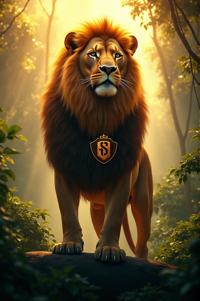 Create an image of a majestic lion standing on top of a dense jungle, exuding power and dominance. The lion is wearing a luxurious coat that symbolizes royalty and authority. The coat is emblazoned with the Simba SC logo on the chest, making it a focal point of the design. The background features the rich greenery of the jungle, with rays of sunlight piercing through the trees, casting a golden glow on the lion