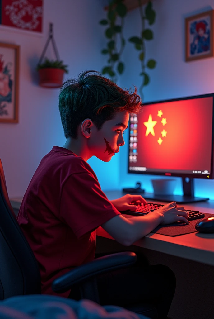 (work of art, best qualityer:1.4), (comely, aesthetics, perfect, dainty, intrikate:1.2),(best qualityer), (detailded),(A high resolution:1.2), bedroom with LED GAMER, Young boy, joker face, Red shirt, black pants, copo, Bend, in front of the computer, computer front view, computador com imagens da flag of china, flag of china
