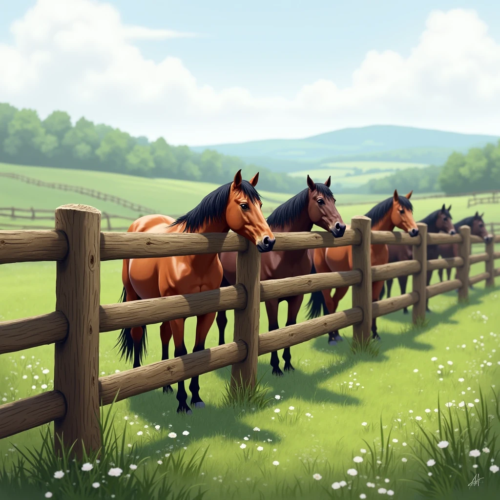 a pasture fence with no gate openings and horses behind the fence 