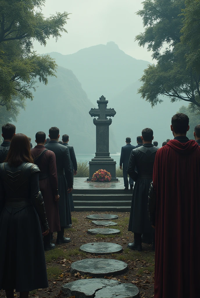 All Avengers standing in iron man's funeral