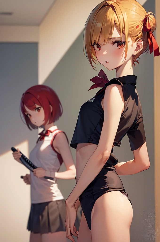 masterpiece, best quality,anime style, 1 girl,(((slender body))), (((small eyes))),(((tennis uniform,red hair ribbon))), (beautiful face), (((short hair))), (((straight hair))), ((((blonde hair)))),detailed beautiful skin, (perfect hands, perfect anatomy),scream