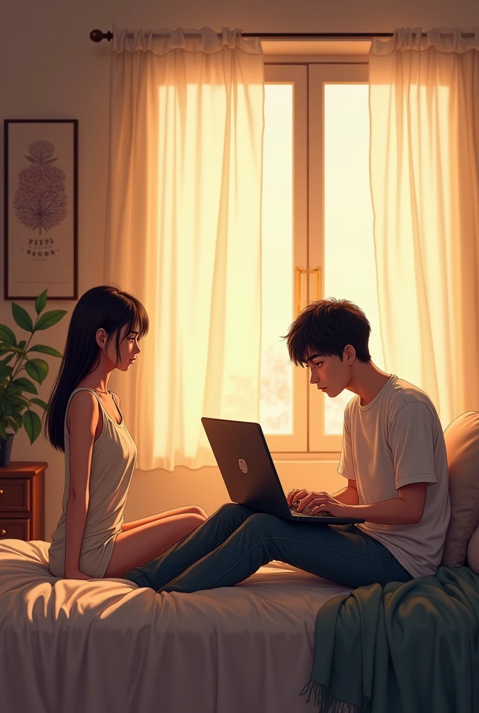 Room me speaker chl rhe h or ladki bed pr bethi h or ladka laptop pr kam kr rha h