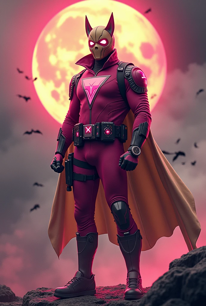 high-tech suit, vivid effects, malaysian superhero (KELUANG MAN) in a striking pink and beige costume cyberpunk design, mask small mini bat ear beige, daredevil biage mask, jumpsuit dark pink stands confidently in a dramatic, stormy landscape. ((Head covered node guard like batman , athletic body type, small mini ear bat mask))The character wears domino mask a helmet with pointed mini torn ears and a flowing cape biege, open nose and mouth. Equipped with visible futuristic weapons on a belt,bullet proof jacket pink dark day, dark night, big supermoon effect .logo on chest triangle shape small punisher logo center triangle cyber logo center on chest pink logo mini logo . rocky. Building top.smoke ground , hologram pink watch. bomb effect background, adding to --ar 3:4 --style raw --stylize 500 --v 6.1. chaos. Lot of small flying bat .