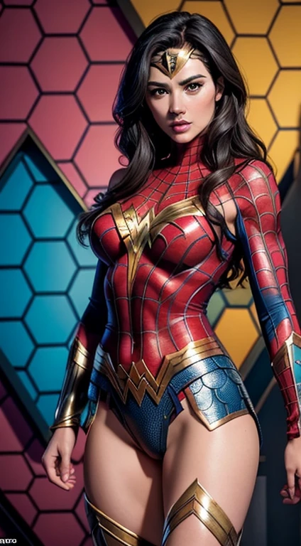 Wonder Woman in Spider-Man, masterpiece, best quality, abstract, psychedelic, neon, (honeycomb pattern), (creative:1.3), sy3, SMM, fantasy00d,camel toe, nippels shown,defeated badly 