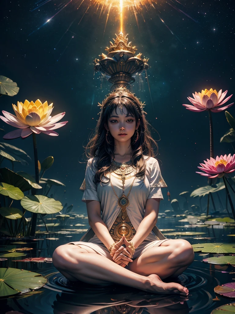 Colorful glow, Spectrum of light surrounding yoga postures and the seven chakras, Vibrant colors、An explosion of colors, Beautiful woman in white clothes sitting on a water lily, Complicated stuff, The background is complicated, spiritual, god聖な, dream-like, Cosmic, Shocking, god, pineal gland, dream-like, (Highly detailed CG Unity 16k wallpaper:1.1), (Noise reduction strength: 1.45), (masterpiece:1.37), Ultra-realistic, god rays, Ray Tracing, Ultra-high resolution, Awards