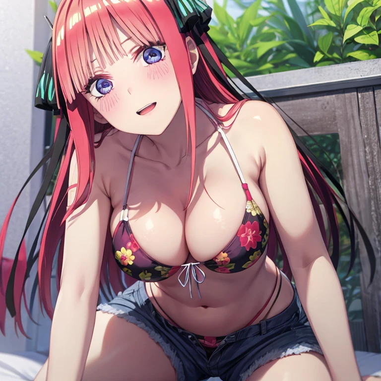 best quality, insanely detailed, nino nakano, breasts, blush, bedroom background, looking at viewer, cheerful eyes, arousal, bikini tops, tankini, short pants swimwear bottoms