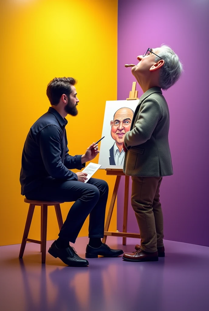 Take a man drawing a caricatured man and the caricatured mandrawing a portrait on the Canvas from back view and make the typography beside about the venu and all and make sure that background has mostly yellow and purple colour