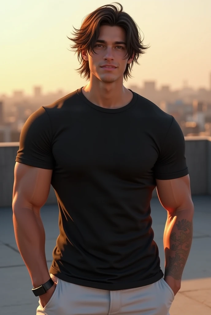 1 garçon dans, 19 ans, seulement, cheveux longs, Colossal , regarder le spectateur, cheveux brun, yeux marrons, tout le corps, toit,T-shirt noir et short blanche, Tendre sourire, Ultra réaliste, Une pose sexy, forme du corps parfaite