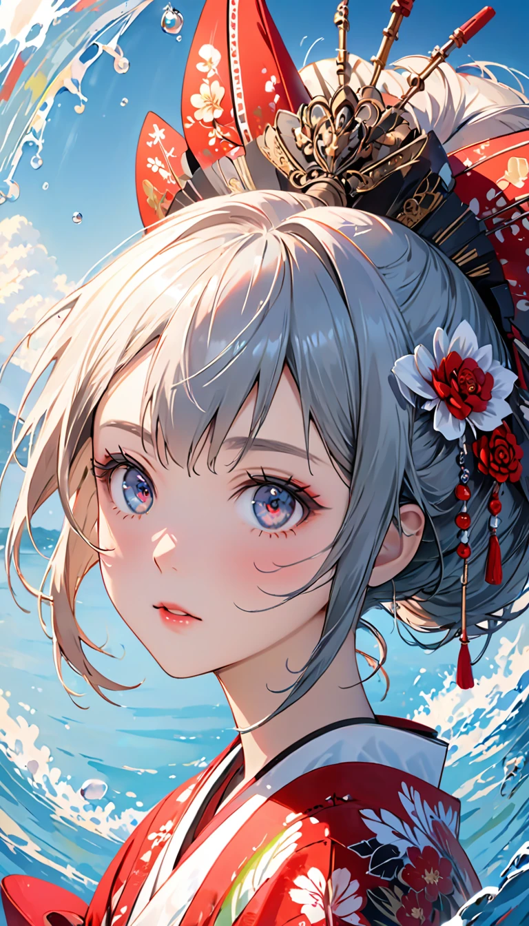 Ink painting, (((1 girl )), (((Tattoo in the middle of the forehead))), (((Oiran))), (((Great hair accessories))), Demon possession, ((Eye patch over:1.3)), (((Masterpiece、Highest image quality、Highest quality、Extremely detailed unit 8ｋWall paper))), ((Illustration of one girl、Upper body covered))、(((beautiful girl))),  girl swimming underwater, Very detailed presentation style, It shines, Red Rose, light blue, brushwork, Ultra Realistic Oil Painting, Bright eyes, Head up close, Exaggerated perspective, Tyndall effect, drop of water, rainbow pearl, 3d white, black background,