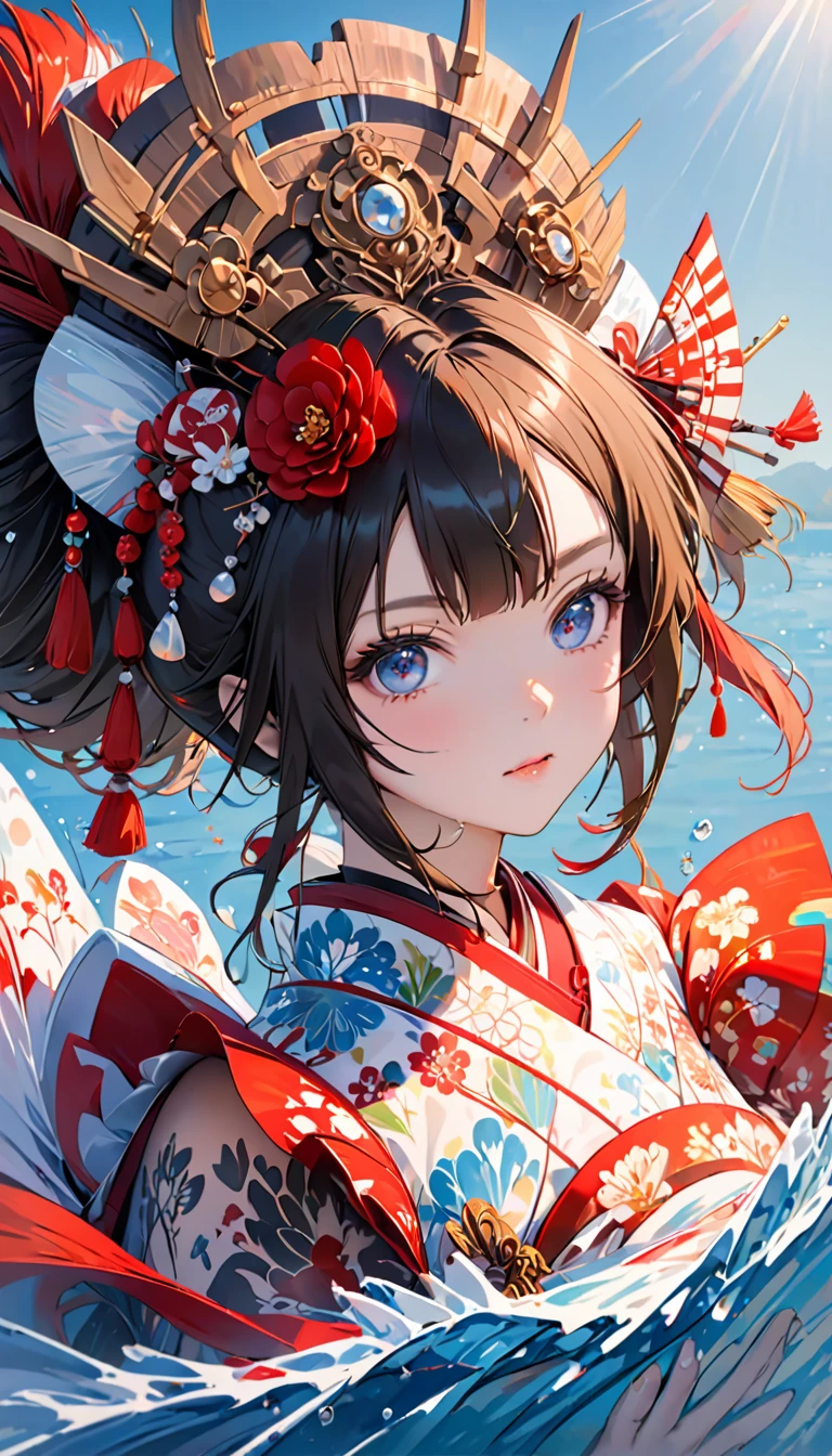 Ink painting, (((1 girl )), (((Tattoo in the middle of the forehead))), (((Oiran))), (((Great hair accessories))), Demon possession, ((Eye patch over:1.3)), (((Masterpiece、Highest image quality、Highest quality、Extremely detailed unit 8kWall paper))), ((Illustration of one girl、Upper body covered))、(((beautiful girl))), girl swimming underwater, Very detailed presentation style, It shines, Red Rose, light blue, brushwork, Ultra Realistic Oil Painting, Bright eyes, Head up close, Exaggerated perspective, Tyndall effect, drop of water, rainbow pearl, 3d white, black background,