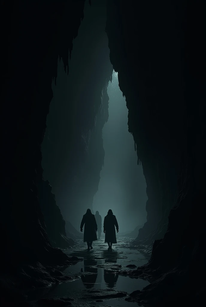 create a scene inside a cave without lighting and without holes that bring light from outside into the cave, make the cave closed