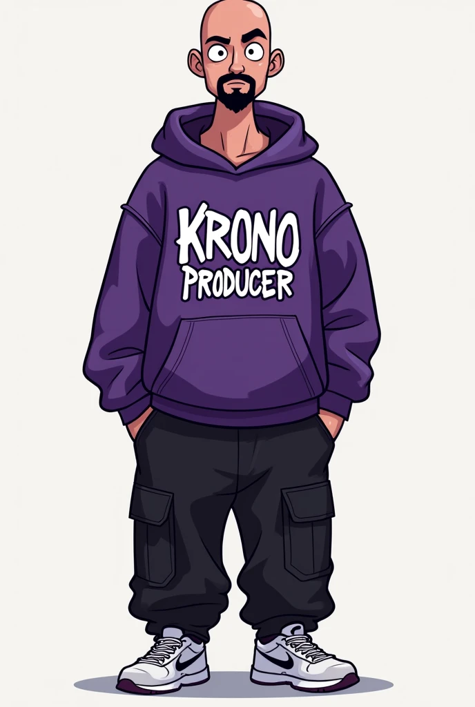 Dark man 1,80 tall, thin, bald, little beard, purple sweatshirt with graffiti-type letters that say Krono producer, black baggy pants, white sneakers, cartoon