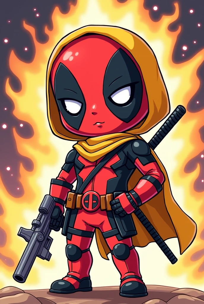I want a cute cartoon drawing of Shaka the Virgo from the Knights of the Zodiac in Dead Pool armor