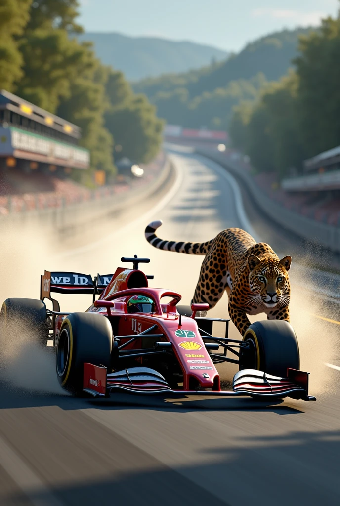 A Formula 1 racing against a leopard