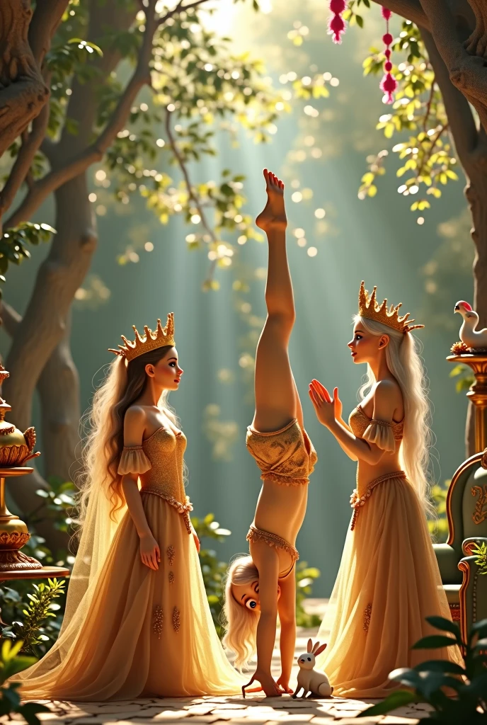 "A full-body shot of a realistic fairytale scene in a magical palace in a beautiful magical forrest bathed in sunlighting. Beautiful pastel colour pallette. A fairy queen 1 with realistic bright blue eyes, golden extra long hair, doing hand stand with a careless expression, wearing a thin blue/green dress, sits in a thin white gold thrown. Her rose-gold delicade fairy-crown, is hanging by the ends of her hair 1:1. A Fairy queen 2 with golden-brown long curly hair in a thin light blue dress is standing by clapping her hands, looking at fairy queen1 with staring thorough detaled blue bright eyes and shocked look with open mouth, perfect shaped pearly white teeth and pursed lips. Singing fairy3 with a long white hair in a sheer golden wet transparent dress outfit, big breasts, thin waist, big butt, looks provocative with her mouth almost sedusive at fairy queen 2 laughing, Elf king is sitting on a royal chair in a elfie chlothes. A white rapid sits in on a decorative dining table1:1, while a rainbow colored bird perches on the top of the thin thrown. The scene includes a messy fairy queens in a beautiful and magical forrest palace. The vast environment paints a magical but weird admosphere. Best hands 1:1, super realistic hair 1:1, hyper realistic eyes 1:1, extra detailed delicate moist skin, most detaled and realistic face 1:1. A realistic stage with thorough details and clear focus on the queens. (Perfect feet, hands and arms and legs and toes. (Not to many arms or legs. (No missing limps)))