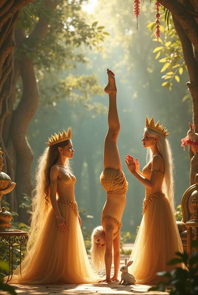 "A full-body shot of a realistic fairytale scene in a magical palace in a beautiful magical forrest bathed in sunlighting. Beautiful pastel colour pallette. A fairy queen 1 with realistic bright blue eyes, golden extra long hair, doing hand stand with a careless expression, wearing a thin blue/green dress, sits in a thin white gold thrown. Her rose-gold delicade fairy-crown, is hanging by the ends of her hair 1:1. A Fairy queen 2 with golden-brown long curly hair in a thin light blue dress is standing by clapping her hands, looking at fairy queen1 with staring thorough detaled blue bright eyes and shocked look with open mouth, perfect shaped pearly white teeth and pursed lips. Singing fairy3 with a long white hair in a sheer golden wet transparent dress outfit, big breasts, thin waist, big butt, looks provocative with her mouth almost sedusive at fairy queen 2 laughing, Elf king is sitting on a royal chair in a elfie chlothes. A white rapid sits in on a decorative dining table1:1, while a rainbow colored bird perches on the top of the thin thrown. The scene includes a messy fairy queens in a beautiful and magical forrest palace. The vast environment paints a magical but weird admosphere. Best hands 1:1, super realistic hair 1:1, hyper realistic eyes 1:1, extra detailed delicate moist skin, most detaled and realistic face 1:1. A realistic stage with thorough details and clear focus on the queens. (Perfect feet, hands and arms and legs and toes. (Not to many arms or legs. (No missing limps)))