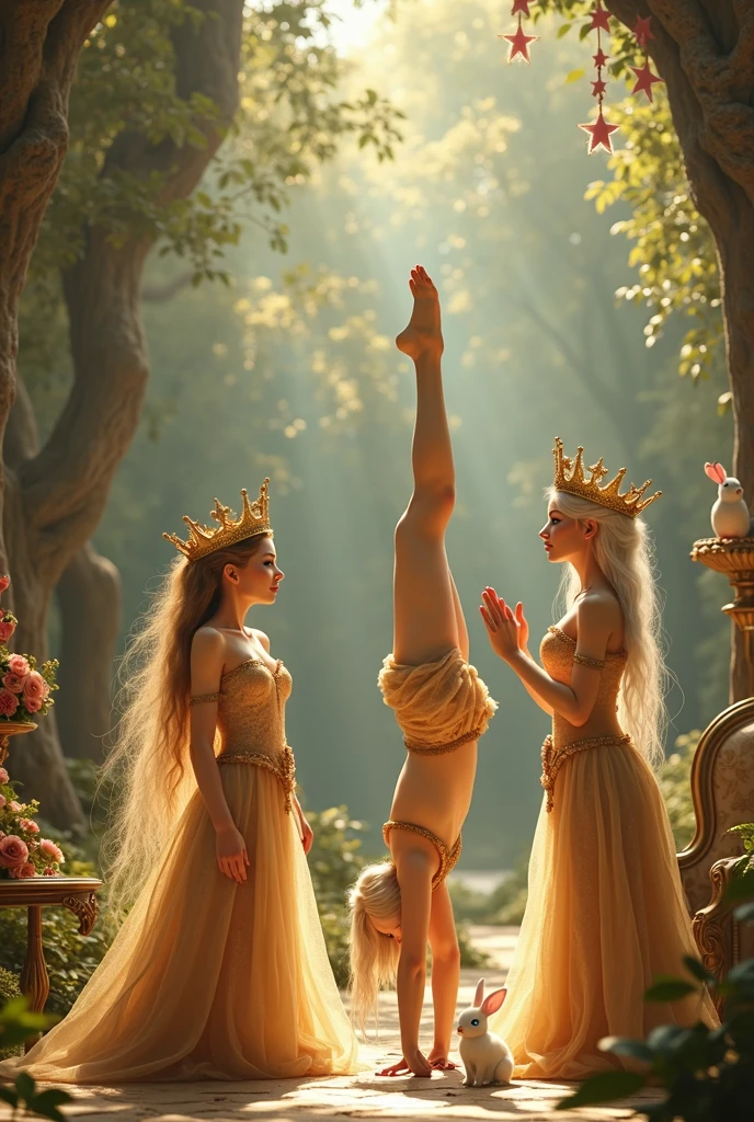 "A full-body shot of a realistic fairytale scene in a magical palace in a beautiful magical forrest, bathed in sunlighting."Beautiful pastel colour pallette." "A fairy queen 1 with realistic striking big blue eyes with eye makeup and a serious, direct gaze at the camera with golden extra long hair,doing hand stand with both hands on floor, wearing a thin blue/green dress" "Her gold delicade fairy-crown, is hanging by the ends of her hair" " A Fairy queen 2 with golden-brown long curly hair in a thin light blue dress is standing by clapping her hands, looking at fairy queen1 with staring thorough detaled blue bright eyes and (shocked look with open mouth), perfect shaped pearly white teeth and pursed lips". "Singing fairy3 with a long white hair in a sheer golden wet transparent dress outfit, big breasts, thin waist, big butt, looks provocative with her mouth almost sedusive at fairy queen 2 laughing." "The lighting is natural and bright, highlighting their features and casting a soft glow around their hair, creating a high-contrast effect that emphasizes the subject's presence. " "Elf king is sitting on a royal chair in a elfie chlothes." "A white rapid sits in on a decorative dining table1:1" "while a rainbow colored bird perches on the top of the thin royal thrown". The scene includes a messy fairy queens in a beautiful and magical forrest palace. "The vast environment paints a magical but weird admosphere". # Configuration settings clip_guidance_scale = 20 # High adherence to the detailed prompt, emphasizing facial features hr_scale = 2.0 # High resolution to capture intricate details in the hair and face. hr scale =2.0 # Perfect human female body. Best hands 1:1, super realistic hair 1:1, hyper realistic eyes 1:1, extra detailed delicate moist skin, most detaled and realistic face 1:1. #A realistic stage with thorough details and clear focus on the queens. Perfect feet, hands and arms and legs and toes. 'Not to many arms or deformed legs'.