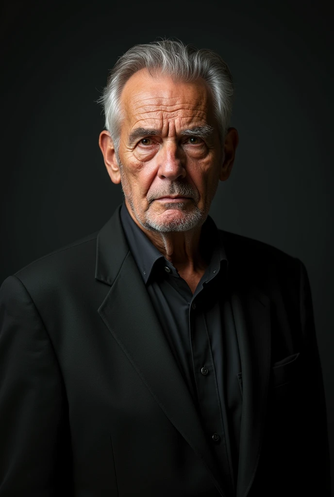 An average photo of an elderly man on a dark background, looking-into-camera, Realistic details, photo taken with a Nikon D850, perfectly lit, a shallow depth of field