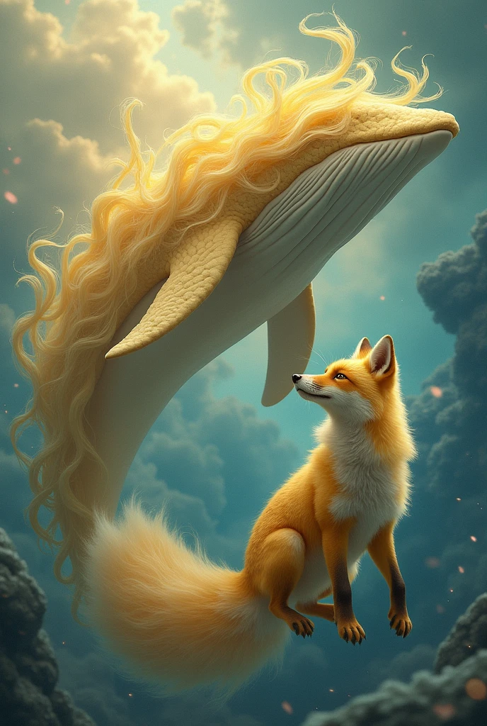 A fox and a whale together with blond hair