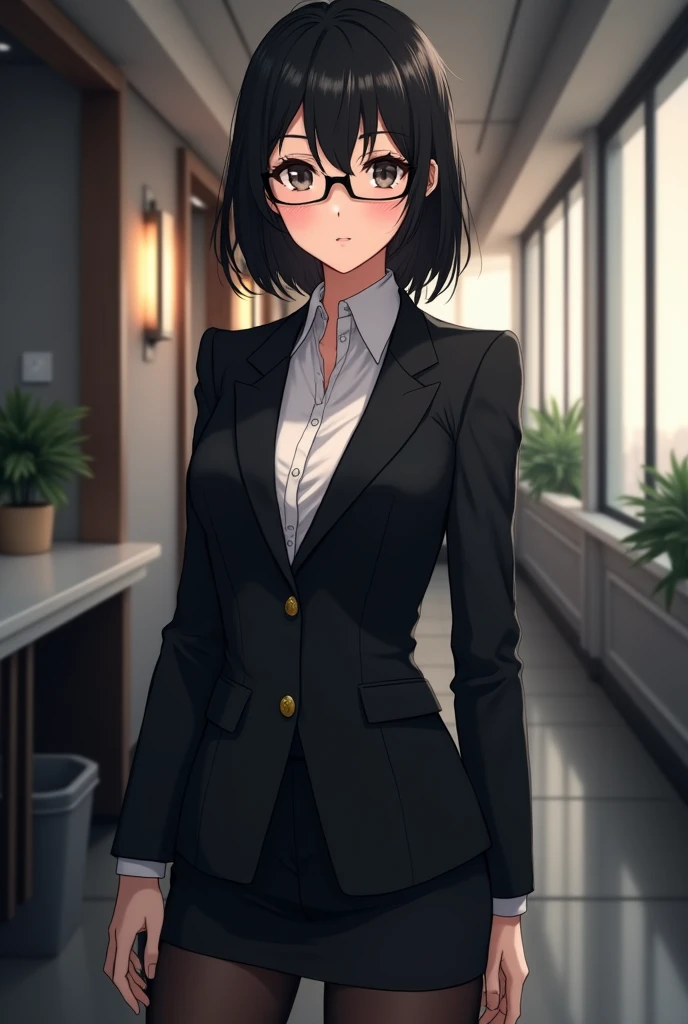 Black suit, glasses, Japanese, 20s, anime-like, older sister look, company background, a little distance, black tights