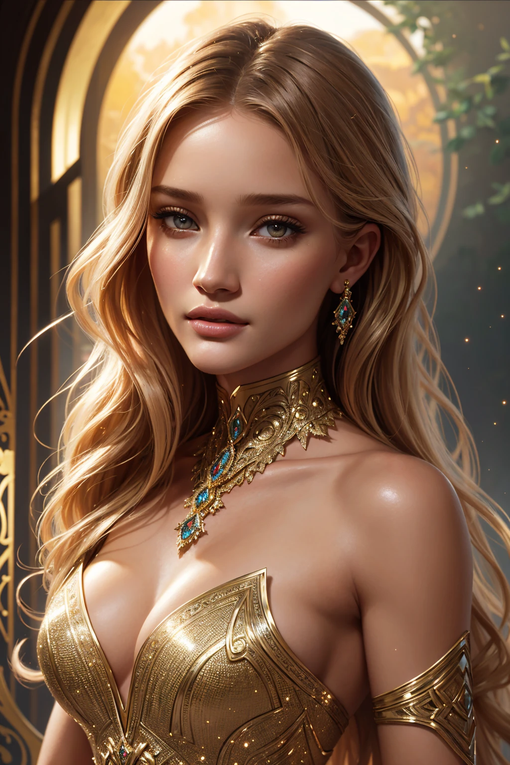 portrait Rosie Huntington Whiteley, wearing sexy aphrodite outfit, against the background of the sun, 8 0 3 0 s, wavy hair, intricate, elegant, highly detailed, digital painting, artstation, concept art, smooth, sharp focus, illustration, art by thomas kindkade, charlie bowater, artgerm, greg rutkowski, alphonse mucha and alexandra fomina, 36k, glittering, shining