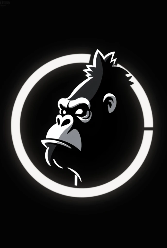 the silhouette of a gorilla&#39;s face from the side in a circle, JUST THE FACE, like a minimalist logo, sem muitos detalhes, just a cartoon, both the gorilla silhouette and circle being white, com o fundo preto, an aggressive gorilla