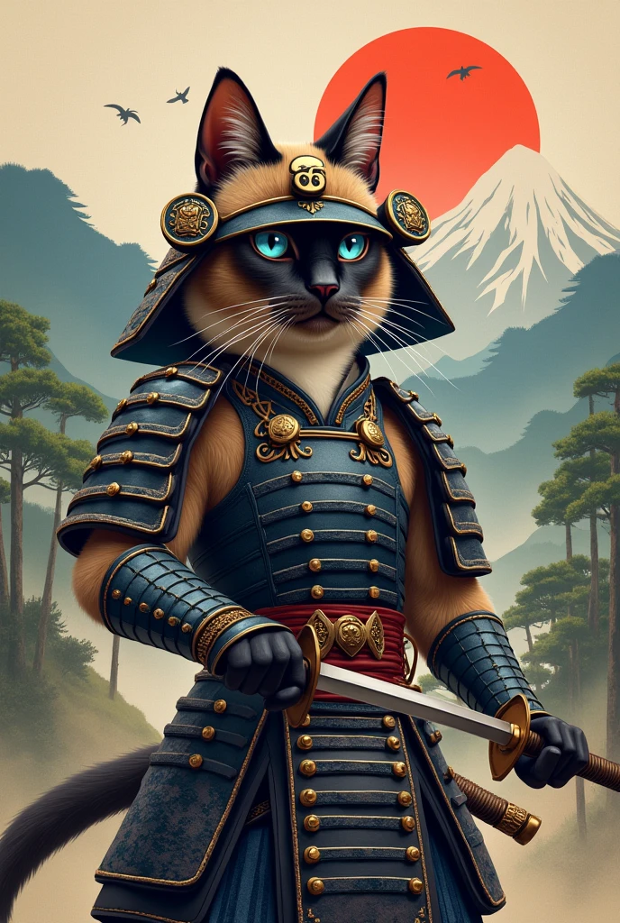 Siamese samurai cat with number 66 wearing helmet